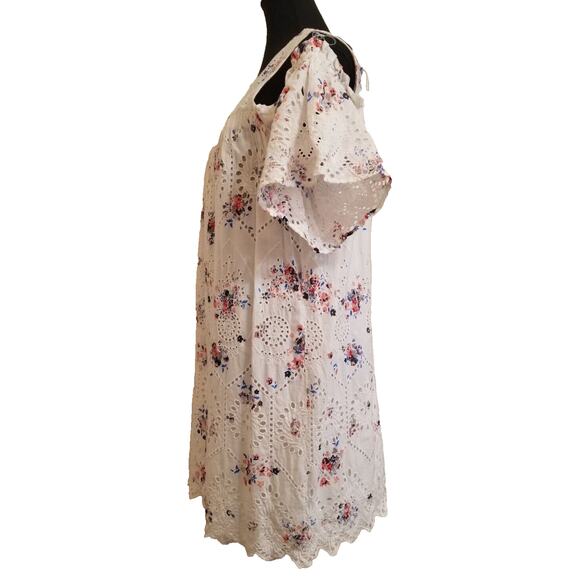 LOFT BOHO Peasant White Floral Eyelet Embroidered Cold Shoulder Mini Dress Sz S - Picture 2 of 8
